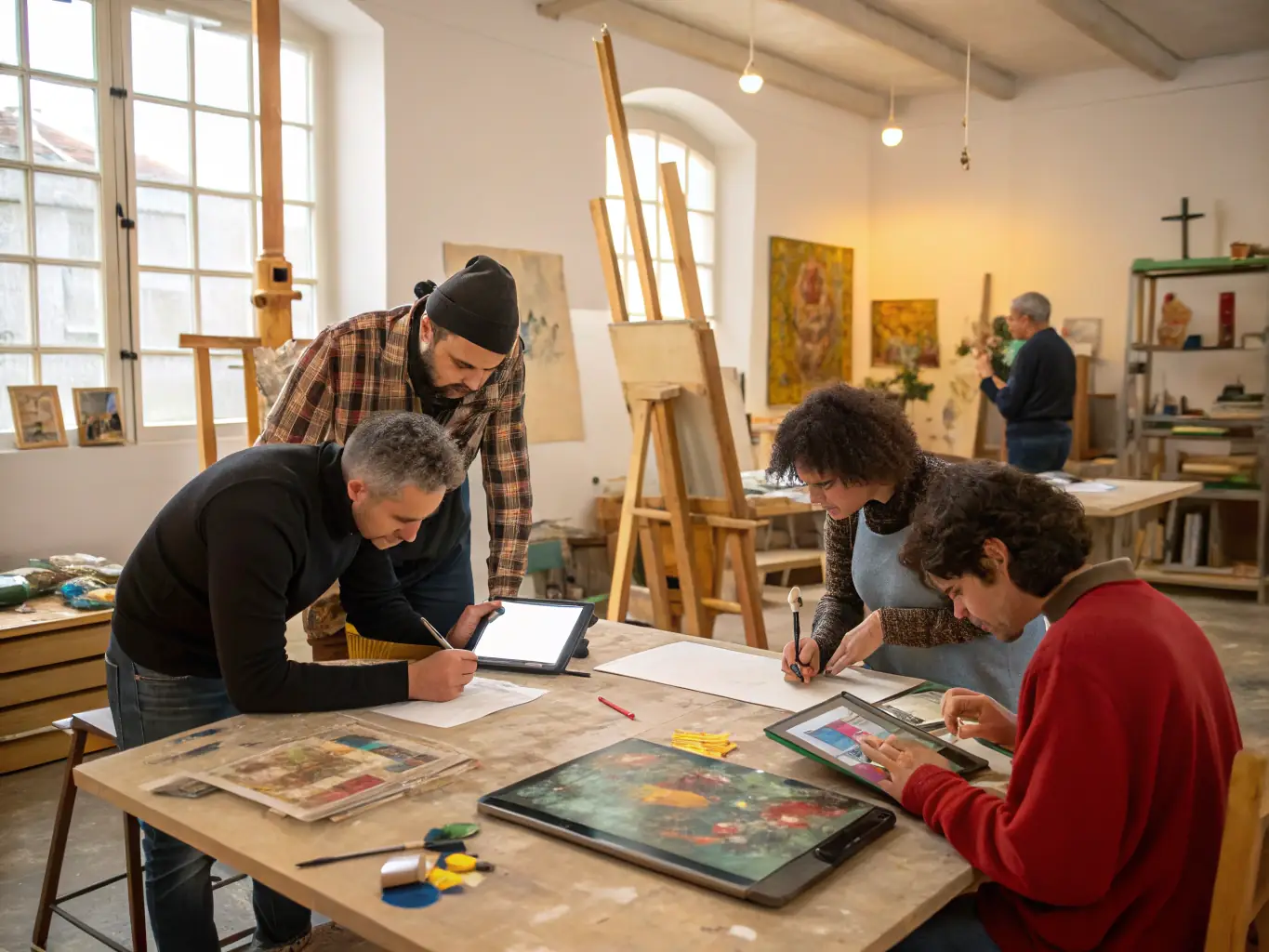 A photograph capturing a diverse group of artists collaborating during a ZIC-BIO PROD workshop, showcasing the creative process and community engagement.