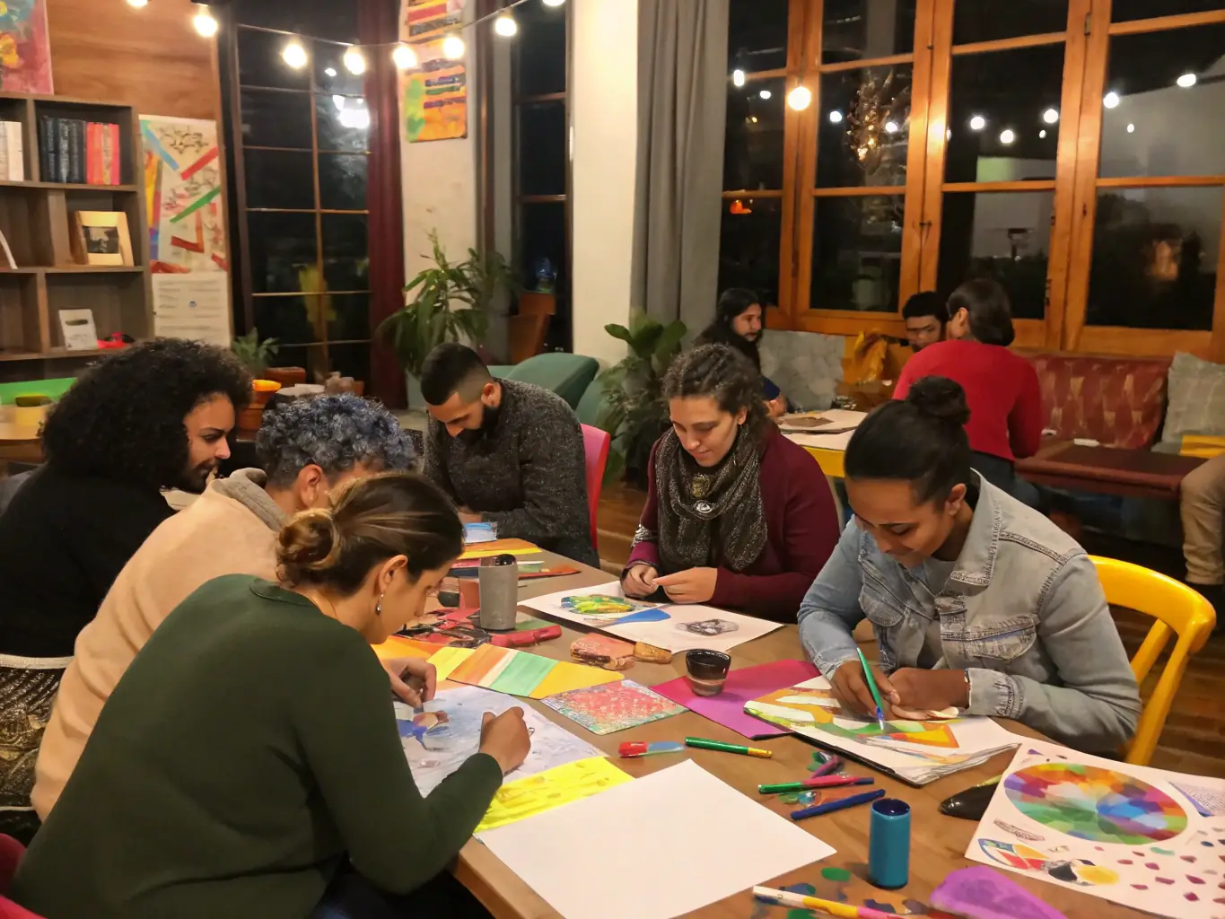A dynamic image of a community arts workshop facilitated by ZIC-BIO PROD, with participants actively creating and collaborating on artistic projects.