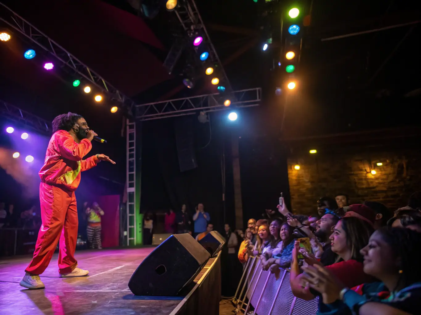 A vibrant photograph capturing a live performance supported by ZIC-BIO PROD, showcasing a diverse group of artists and audience members engaged in a cultural experience.