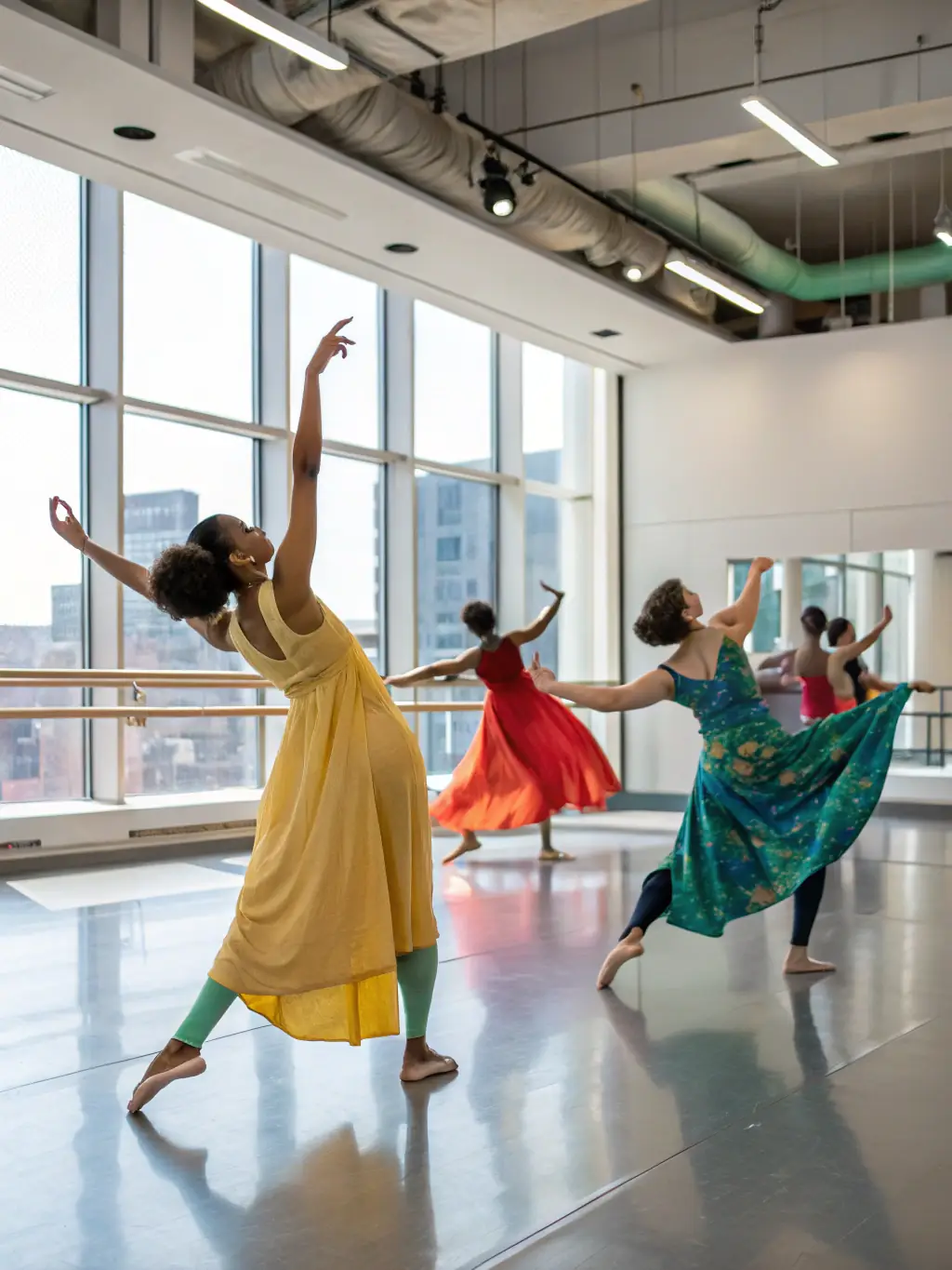 A photo of a dance performance in a public space, supported by ZIC-BIO PROD, showing dancers in motion with the city skyline in the background.