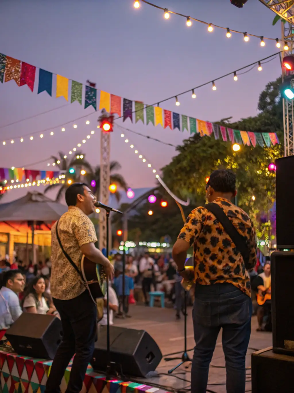 A photograph of a ZIC-BIO PROD-sponsored outdoor music festival, featuring a diverse lineup of musicians performing on a stage, with attendees enjoying the music and atmosphere.