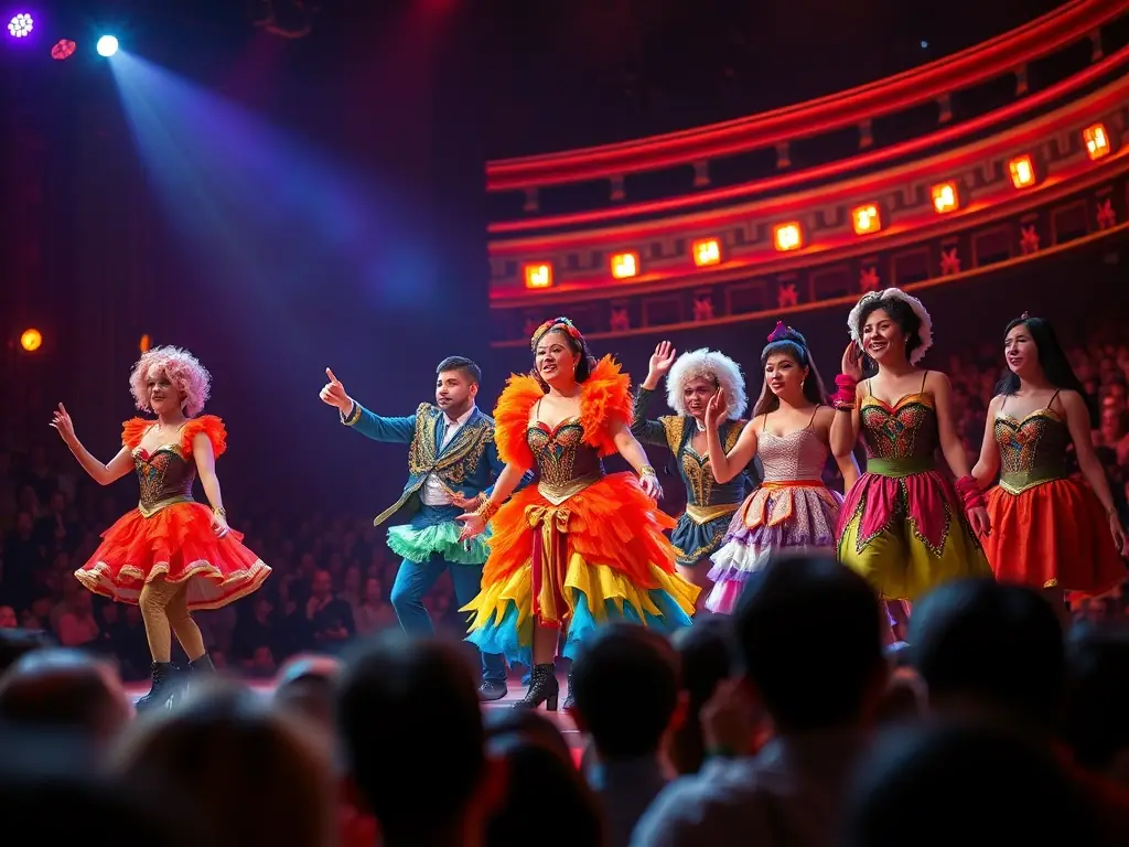 A vibrant stage scene with performers in colorful costumes during a ZIC-BIO PROD supported theatrical production, showcasing the energy and artistic expression fostered by the organization.