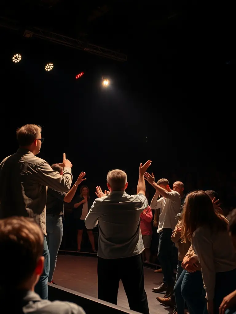 A vibrant photograph capturing a live theatrical performance supported by ZIC-BIO PROD, showcasing actors on stage with dynamic lighting and engaged audience members.