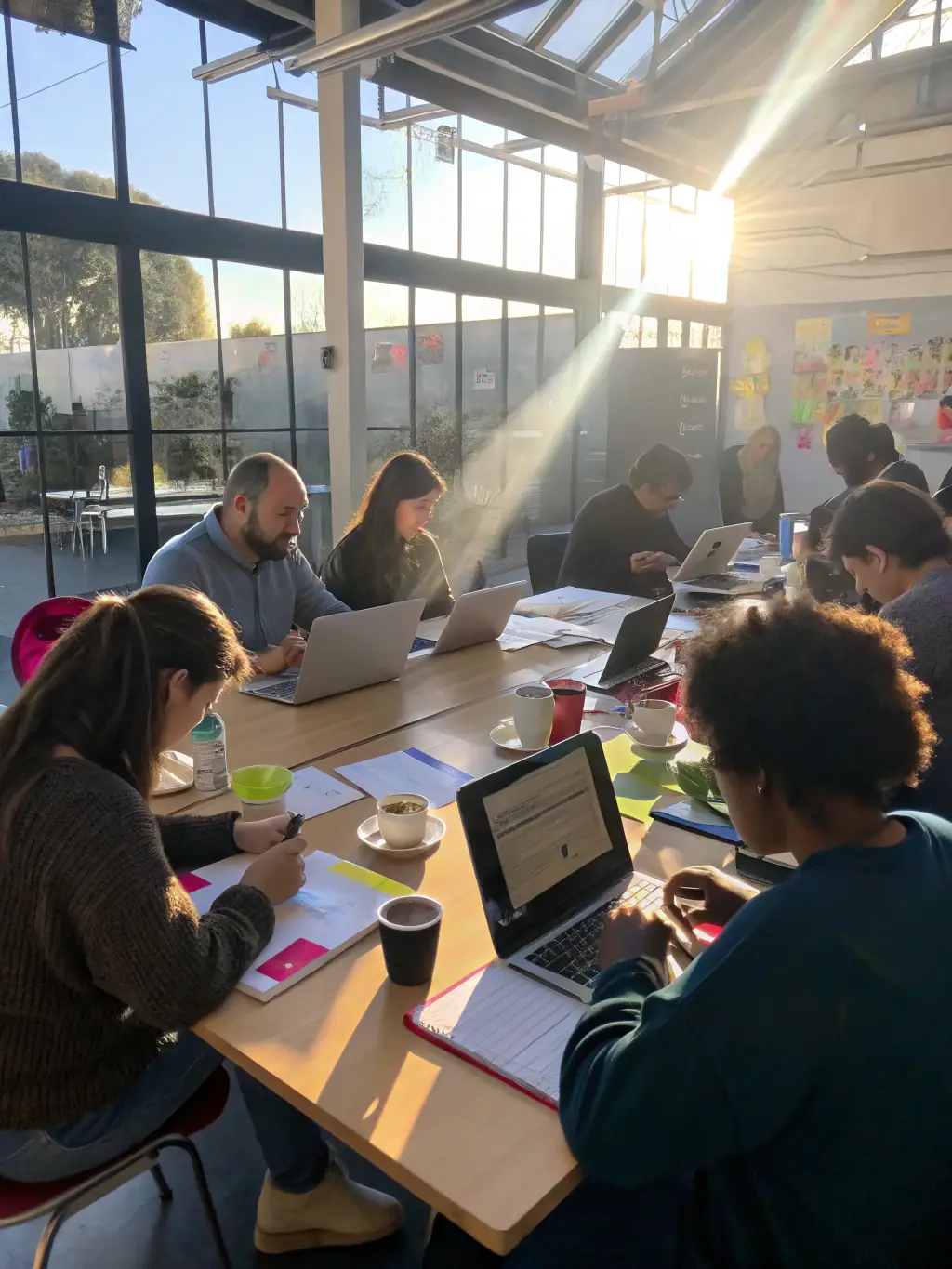A photo of a community workshop organized by ZIC-BIO PROD, showing participants actively engaged in a collaborative art project, with facilitators guiding the process.